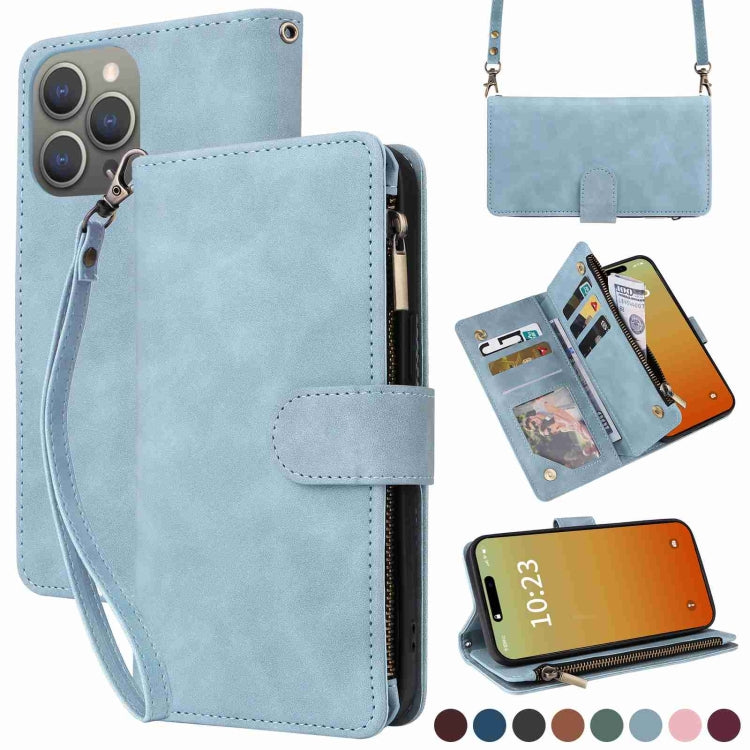 For iPhone 15 Pro Max Crossbody Multi-card Slot Wallet Zipper Leather Phone Case(Light Blue) - HoMEdemic™ 