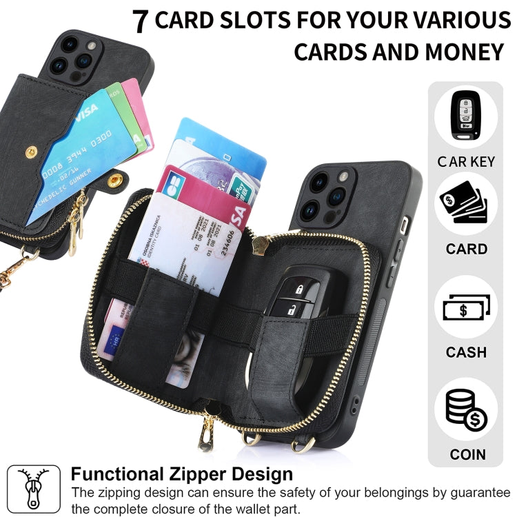 For iPhone 15 Pro Max Crossbody Multi-function Zipper Wallet Phone Case(Black) - HoMEdemic™ 