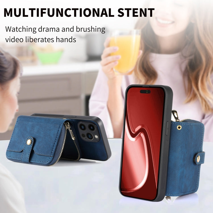 For iPhone 15 Pro Max Crossbody Multi-function Zipper Wallet Phone Case(Blue) - HoMEdemic™ 