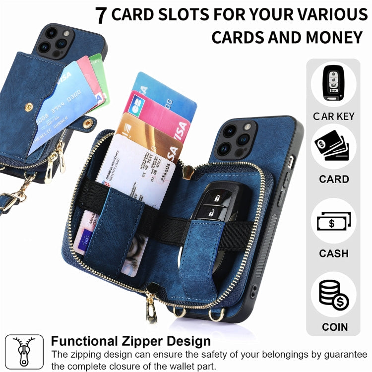 For iPhone 15 Pro Max Crossbody Multi-function Zipper Wallet Phone Case(Blue) - HoMEdemic™ 
