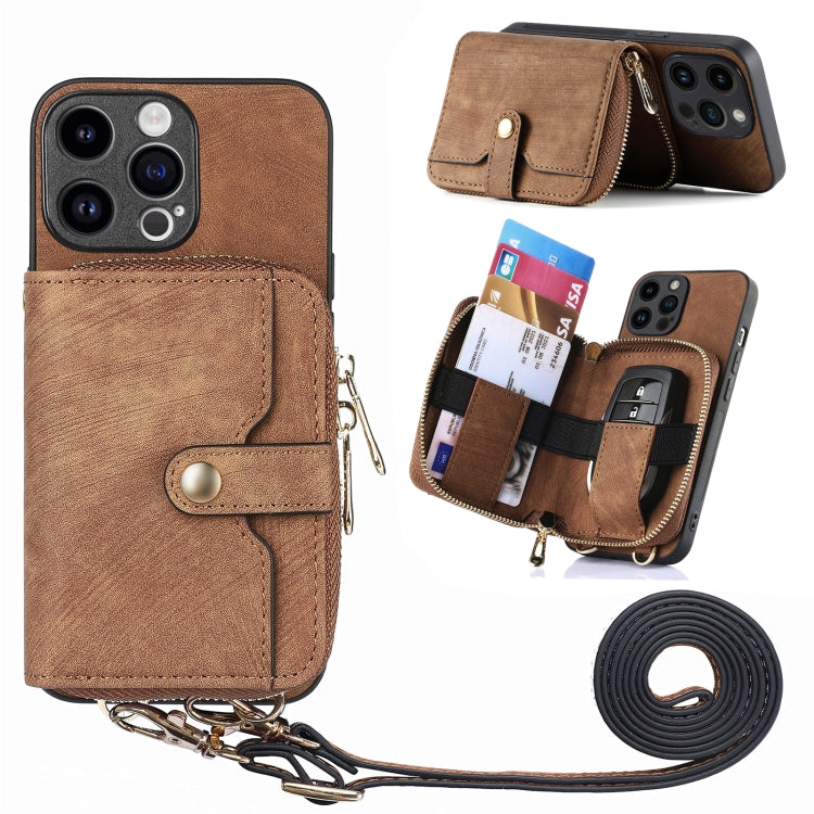 For iPhone 15 Pro Max Crossbody Multi-function Zipper Wallet Phone Case(Brown) - HoMEdemic™ 