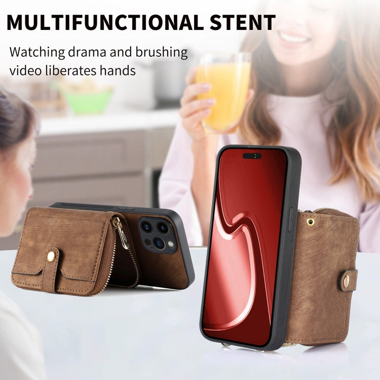 For iPhone 15 Pro Max Crossbody Multi-function Zipper Wallet Phone Case(Brown) - HoMEdemic™ 