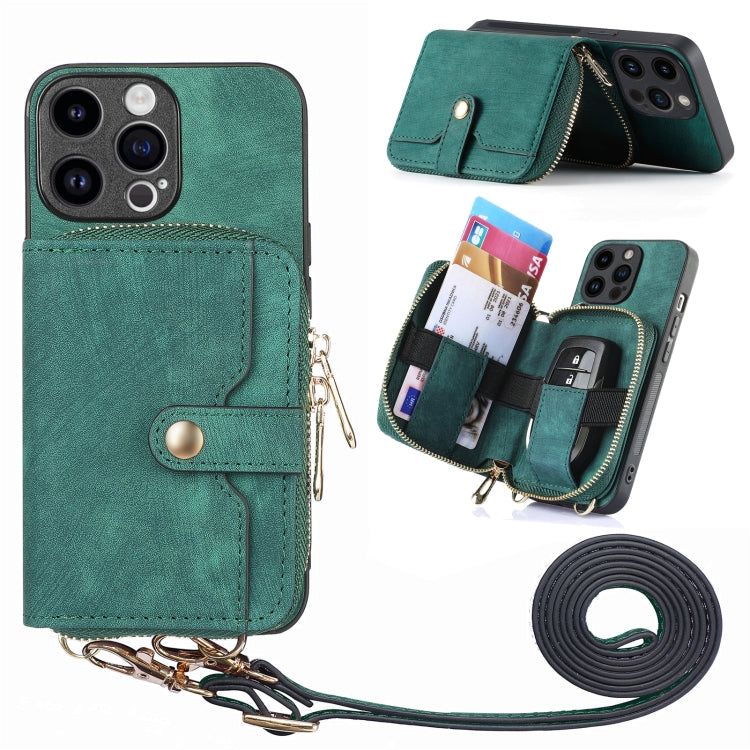 For iPhone 15 Pro Max Crossbody Multi-function Zipper Wallet Phone Case(Green) - HoMEdemic™ 