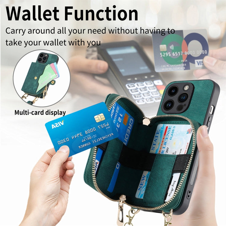 For iPhone 15 Pro Max Crossbody Multi-function Zipper Wallet Phone Case(Green) - HoMEdemic™ 