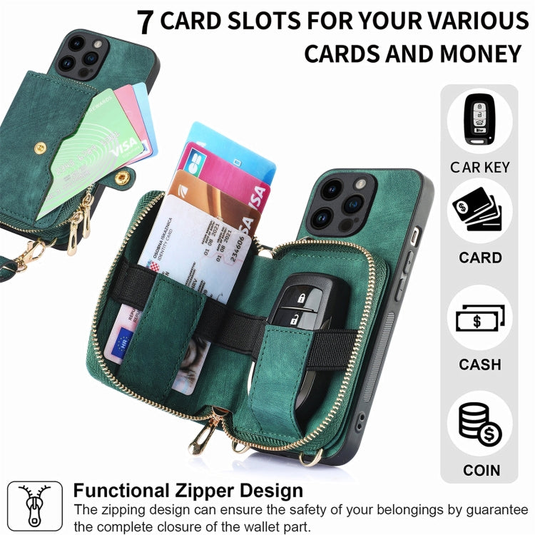 For iPhone 15 Pro Max Crossbody Multi-function Zipper Wallet Phone Case(Green) - HoMEdemic™ 