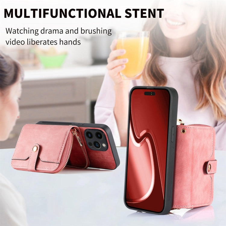 For iPhone 15 Pro Max Crossbody Multi-function Zipper Wallet Phone Case(Pink) - HoMEdemic™ 