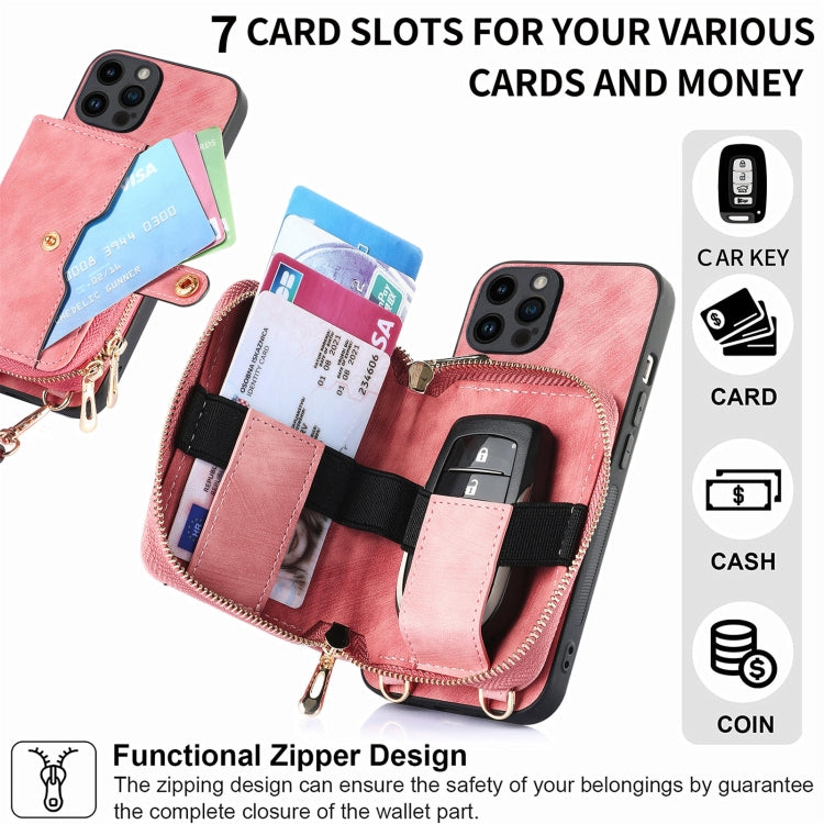 For iPhone 15 Pro Max Crossbody Multi-function Zipper Wallet Phone Case(Pink) - HoMEdemic™ 