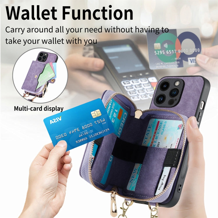 For iPhone 15 Pro Max Crossbody Multi-function Zipper Wallet Phone Case(Purple) - HoMEdemic™ 