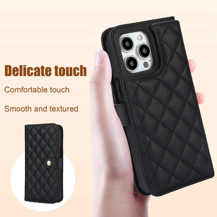 For iPhone 15 Pro Max Crossbody Multifunction Rhombic Leather Phone Case(Black) - HoMEdemic™ 