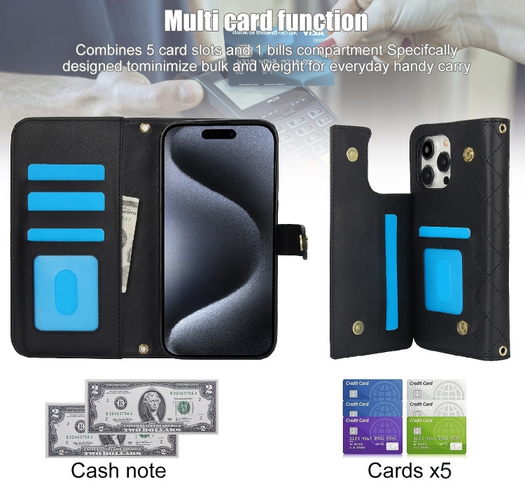 For iPhone 15 Pro Max Crossbody Multifunction Rhombic Leather Phone Case(Black) - HoMEdemic™ 