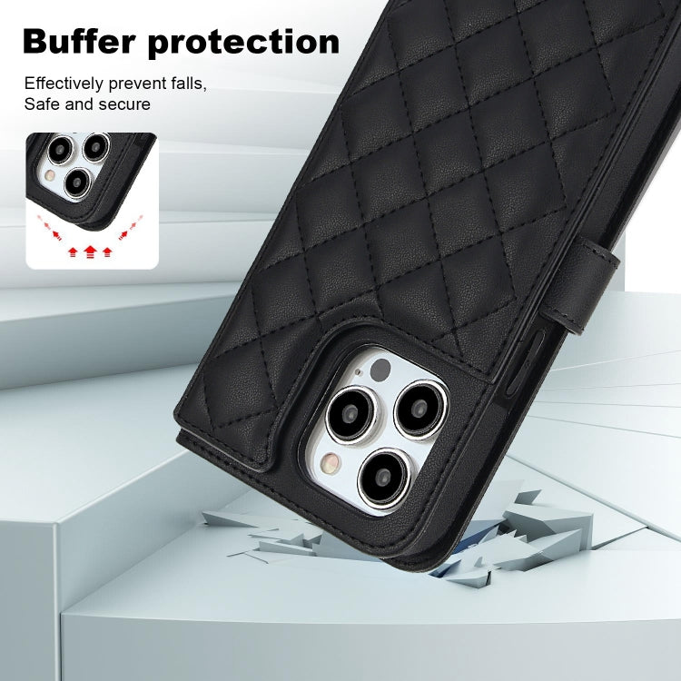 For iPhone 15 Pro Max Crossbody Multifunction Rhombic Leather Phone Case(Black) - HoMEdemic™ 