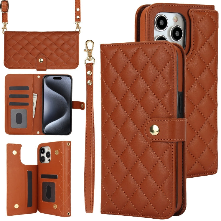 For iPhone 15 Pro Max Crossbody Multifunction Rhombic Leather Phone Case(Brown) - HoMEdemic™ 