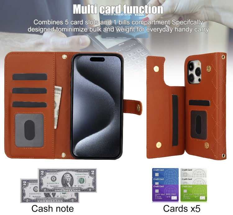 For iPhone 15 Pro Max Crossbody Multifunction Rhombic Leather Phone Case(Brown) - HoMEdemic™ 