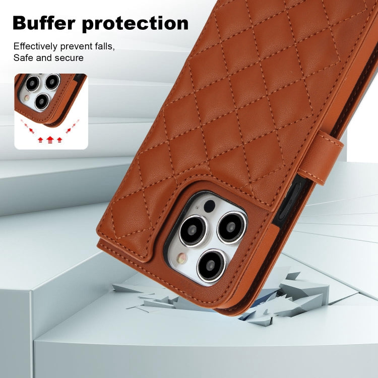 For iPhone 15 Pro Max Crossbody Multifunction Rhombic Leather Phone Case(Brown) - HoMEdemic™ 