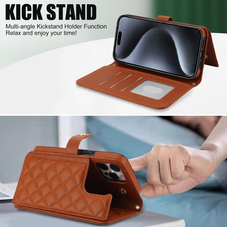 For iPhone 15 Pro Max Crossbody Multifunction Rhombic Leather Phone Case(Brown) - HoMEdemic™ 