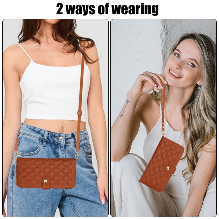 For iPhone 15 Pro Max Crossbody Multifunction Rhombic Leather Phone Case(Brown) - HoMEdemic™ 