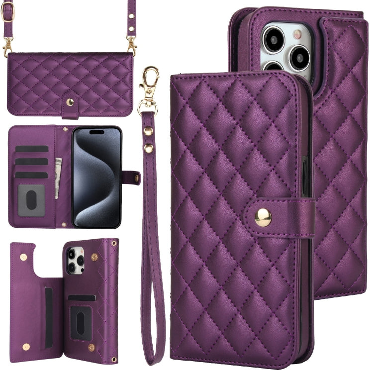 For iPhone 15 Pro Max Crossbody Multifunction Rhombic Leather Phone Case(Dark Purple) - HoMEdemic™ 