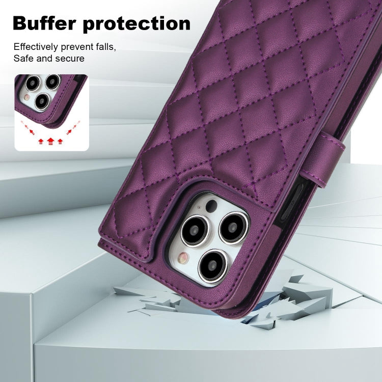 For iPhone 15 Pro Max Crossbody Multifunction Rhombic Leather Phone Case(Dark Purple) - HoMEdemic™ 