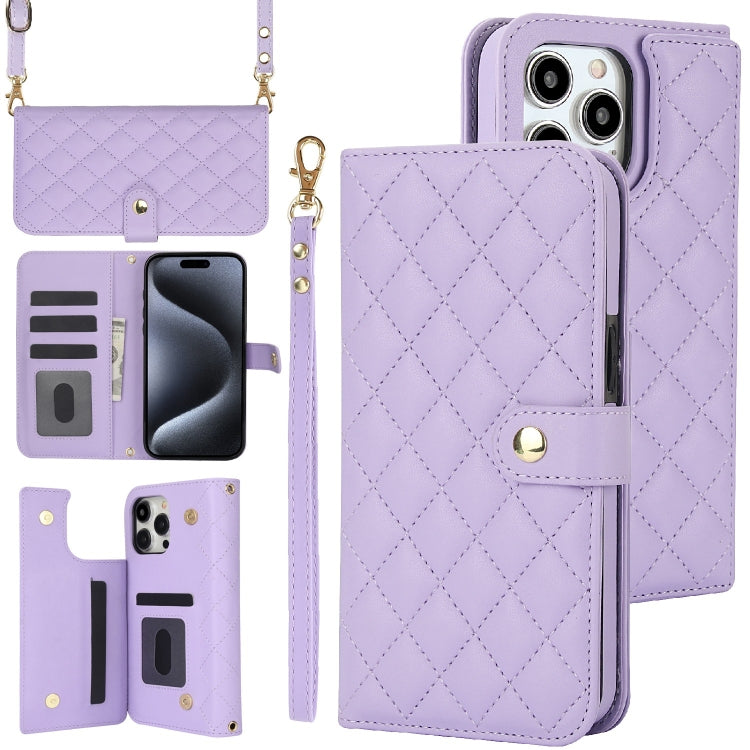 For iPhone 15 Pro Max Crossbody Multifunction Rhombic Leather Phone Case(Purple) - HoMEdemic™ 