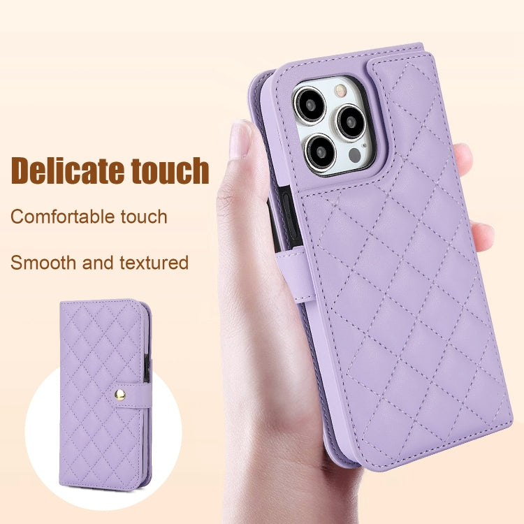 For iPhone 15 Pro Max Crossbody Multifunction Rhombic Leather Phone Case(Purple) - HoMEdemic™ 
