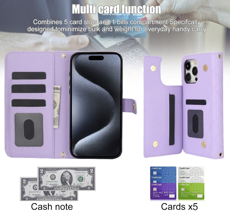 For iPhone 15 Pro Max Crossbody Multifunction Rhombic Leather Phone Case(Purple) - HoMEdemic™ 