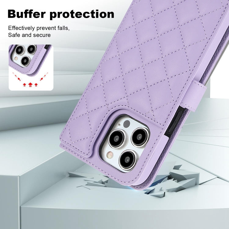 For iPhone 15 Pro Max Crossbody Multifunction Rhombic Leather Phone Case(Purple) - HoMEdemic™ 