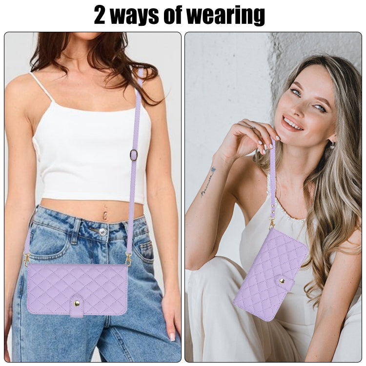 For iPhone 15 Pro Max Crossbody Multifunction Rhombic Leather Phone Case(Purple) - HoMEdemic™ 