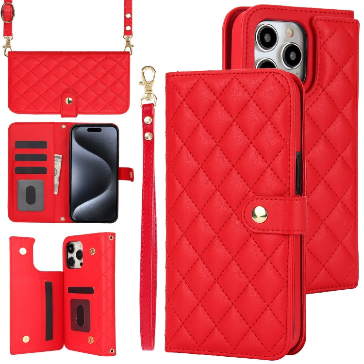 For iPhone 15 Pro Max Crossbody Multifunction Rhombic Leather Phone Case(Red) - HoMEdemic™ 