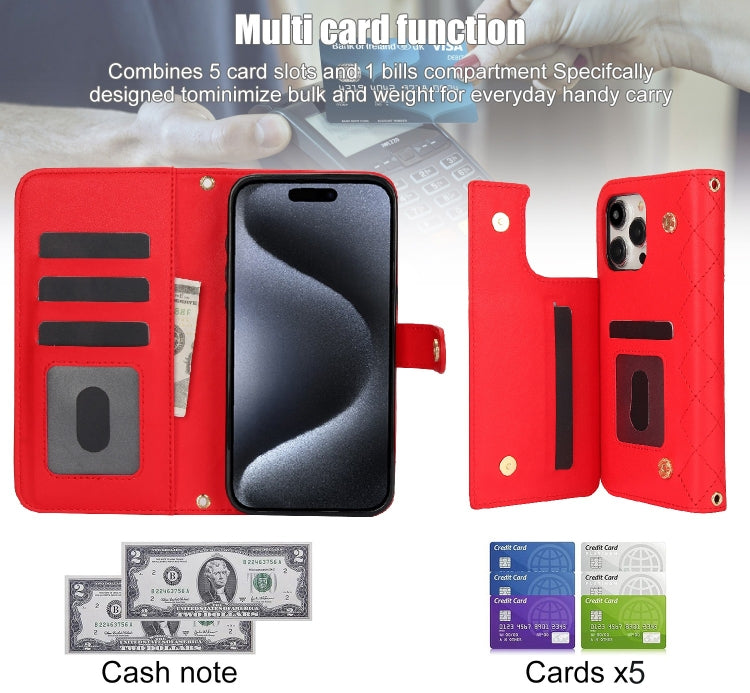 For iPhone 15 Pro Max Crossbody Multifunction Rhombic Leather Phone Case(Red) - HoMEdemic™ 