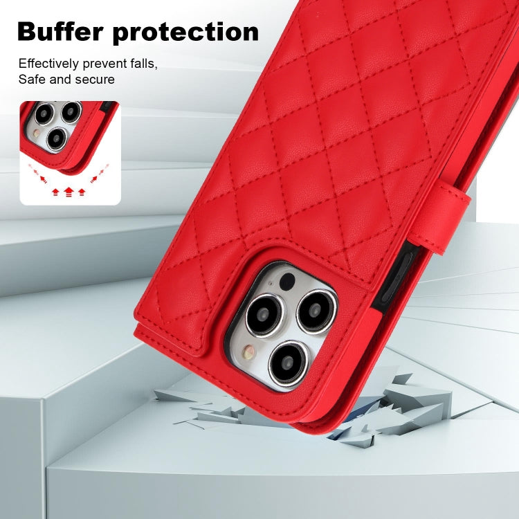 For iPhone 15 Pro Max Crossbody Multifunction Rhombic Leather Phone Case(Red) - HoMEdemic™ 