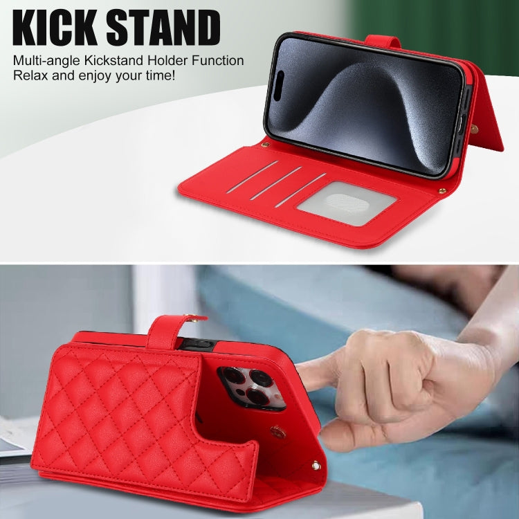 For iPhone 15 Pro Max Crossbody Multifunction Rhombic Leather Phone Case(Red) - HoMEdemic™ 