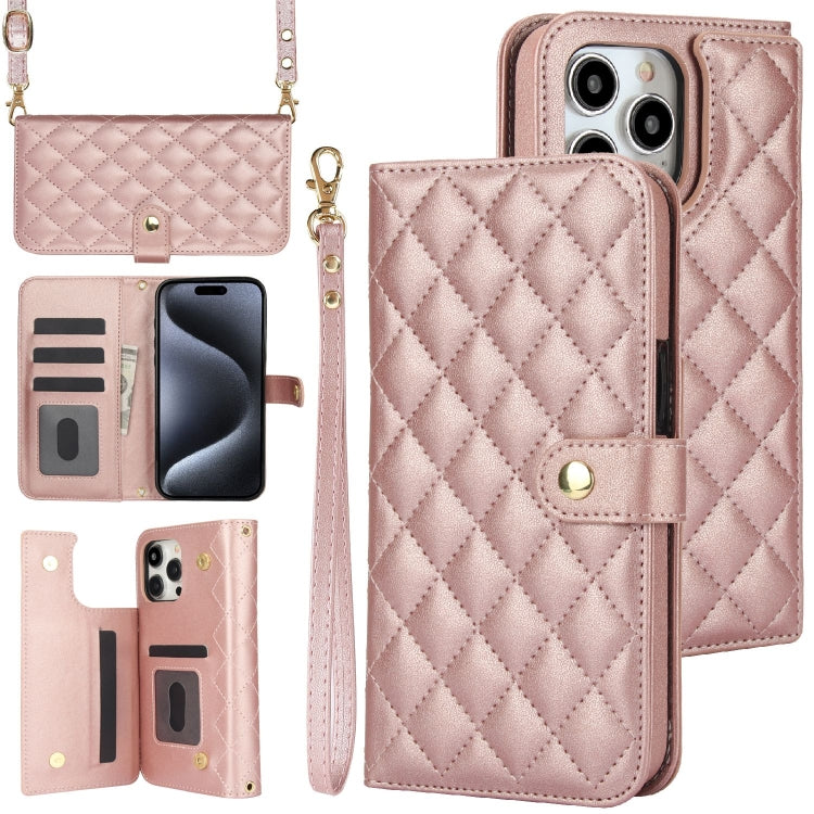 For iPhone 15 Pro Max Crossbody Multifunction Rhombic Leather Phone Case(Rose Gold) - HoMEdemic™ 