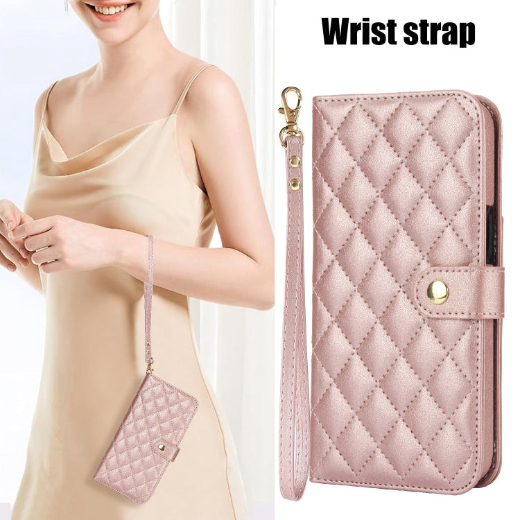 For iPhone 15 Pro Max Crossbody Multifunction Rhombic Leather Phone Case(Rose Gold) - HoMEdemic™ 