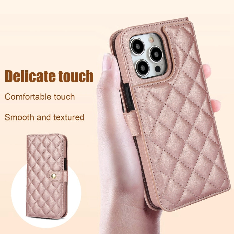 For iPhone 15 Pro Max Crossbody Multifunction Rhombic Leather Phone Case(Rose Gold) - HoMEdemic™ 