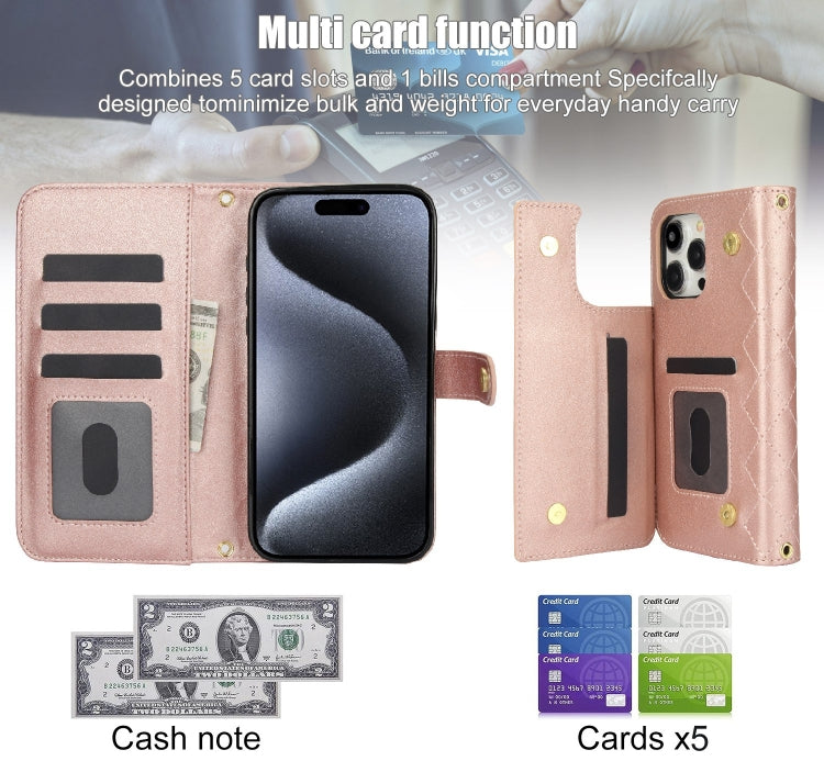 For iPhone 15 Pro Max Crossbody Multifunction Rhombic Leather Phone Case(Rose Gold) - HoMEdemic™ 