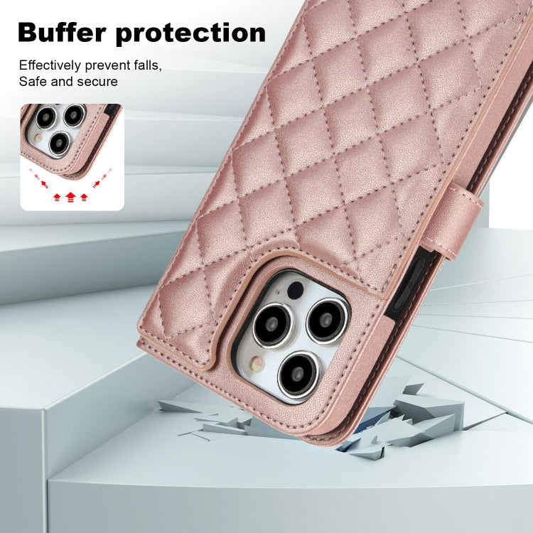 For iPhone 15 Pro Max Crossbody Multifunction Rhombic Leather Phone Case(Rose Gold) - HoMEdemic™ 