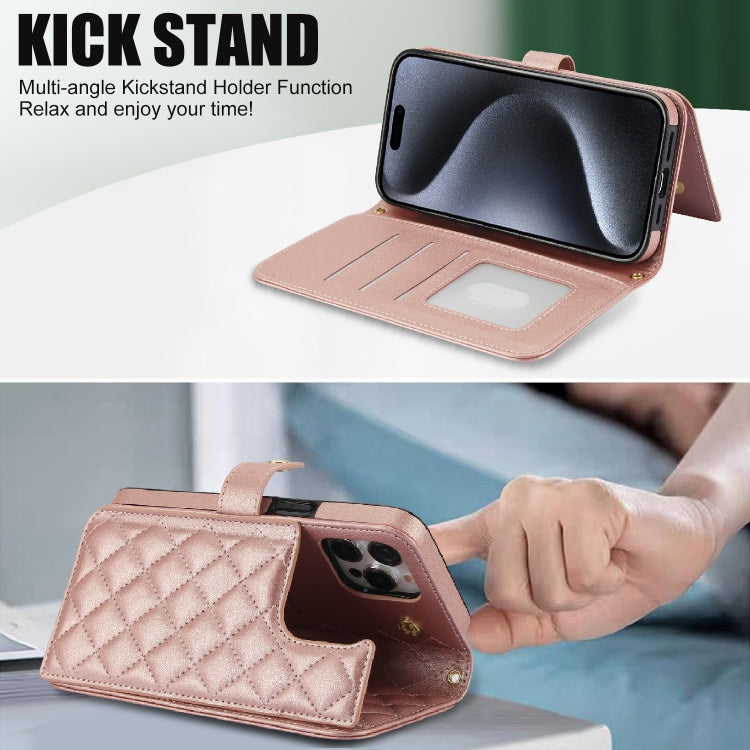 For iPhone 15 Pro Max Crossbody Multifunction Rhombic Leather Phone Case(Rose Gold) - HoMEdemic™ 