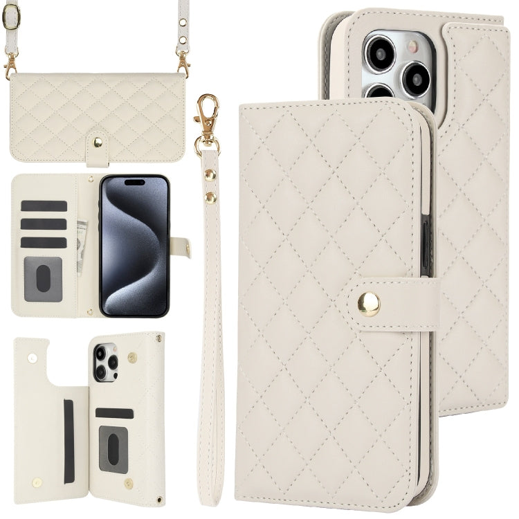 For iPhone 15 Pro Max Crossbody Multifunction Rhombic Leather Phone Case(White) - HoMEdemic™ 