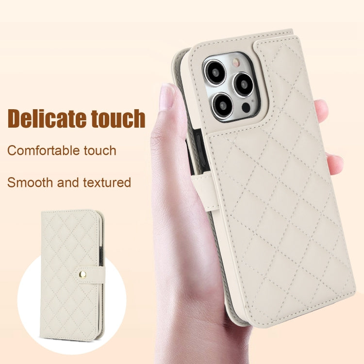 For iPhone 15 Pro Max Crossbody Multifunction Rhombic Leather Phone Case(White) - HoMEdemic™ 