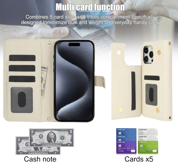 For iPhone 15 Pro Max Crossbody Multifunction Rhombic Leather Phone Case(White) - HoMEdemic™ 