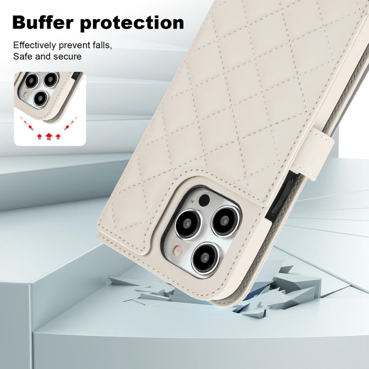 For iPhone 15 Pro Max Crossbody Multifunction Rhombic Leather Phone Case(White) - HoMEdemic™ 