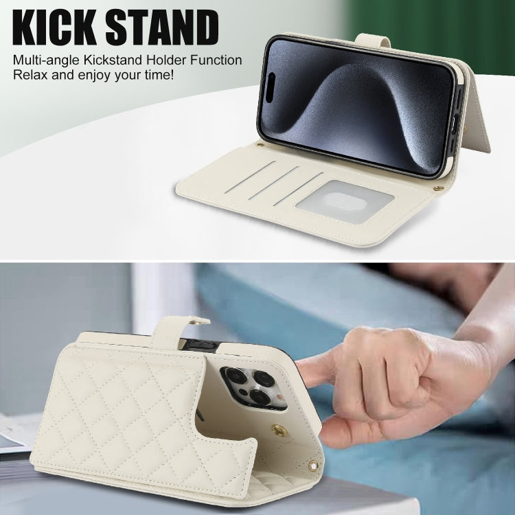 For iPhone 15 Pro Max Crossbody Multifunction Rhombic Leather Phone Case(White) - HoMEdemic™ 