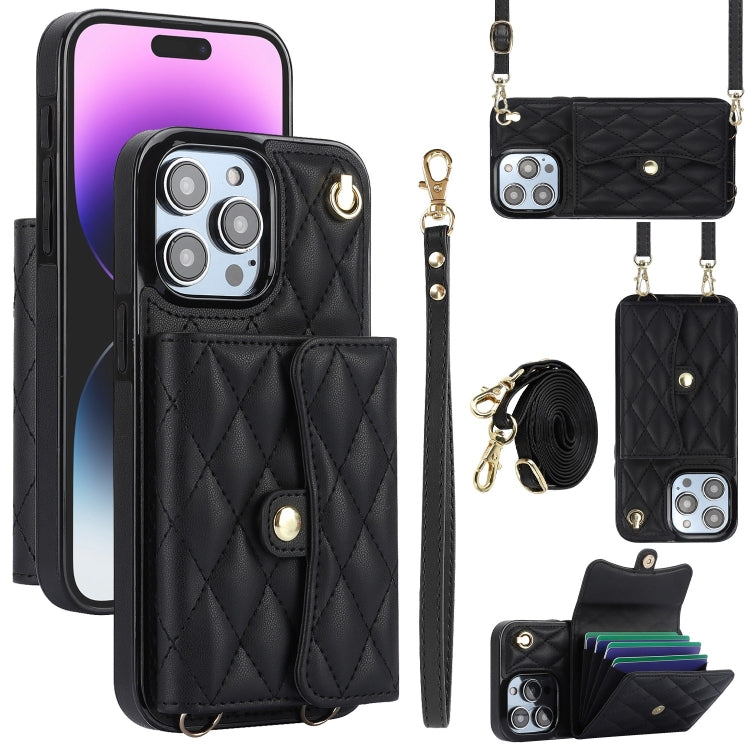 For iPhone 15 Pro Max Crossbody Rhombic Horizontal Wallet Leather Phone Case(Black) - HoMEdemic™ 