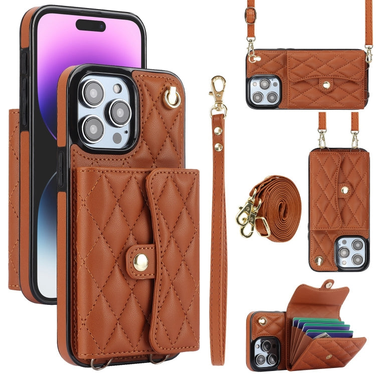 For iPhone 15 Pro Max Crossbody Rhombic Horizontal Wallet Leather Phone Case(Brown) - HoMEdemic™ 
