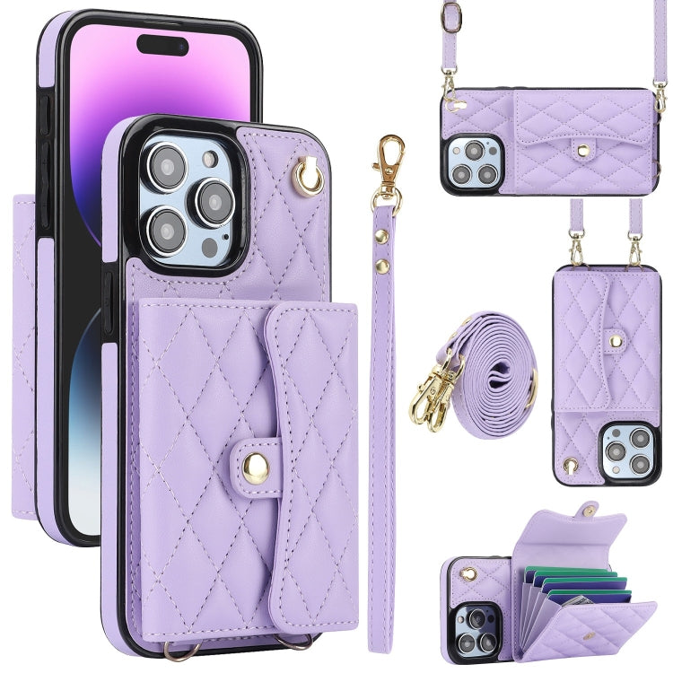 For iPhone 15 Pro Max Crossbody Rhombic Horizontal Wallet Leather Phone Case(Purple) - HoMEdemic™ 