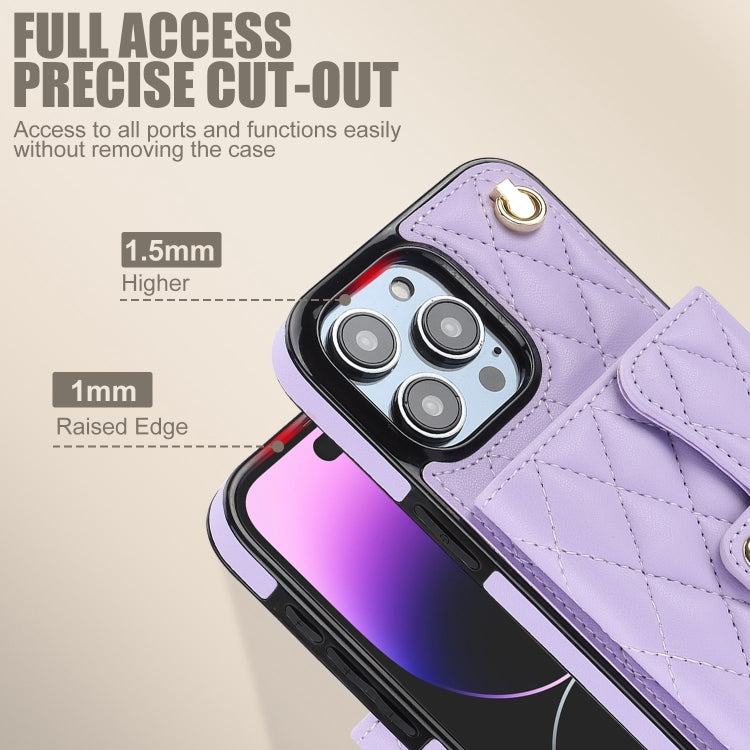 For iPhone 15 Pro Max Crossbody Rhombic Horizontal Wallet Leather Phone Case(Purple) - HoMEdemic™ 