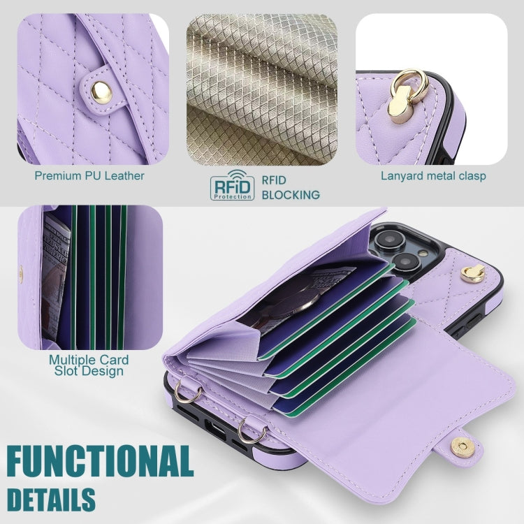 For iPhone 15 Pro Max Crossbody Rhombic Horizontal Wallet Leather Phone Case(Purple) - HoMEdemic™ 