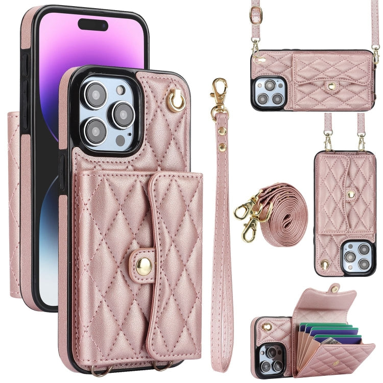 For iPhone 15 Pro Max Crossbody Rhombic Horizontal Wallet Leather Phone Case(Rose Gold) - HoMEdemic™ 