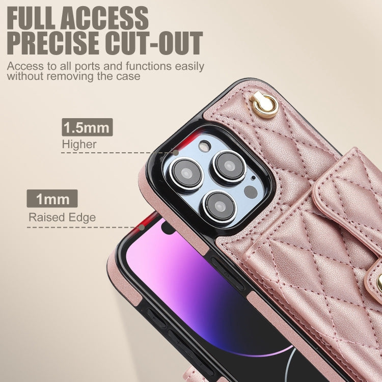For iPhone 15 Pro Max Crossbody Rhombic Horizontal Wallet Leather Phone Case(Rose Gold) - HoMEdemic™ 