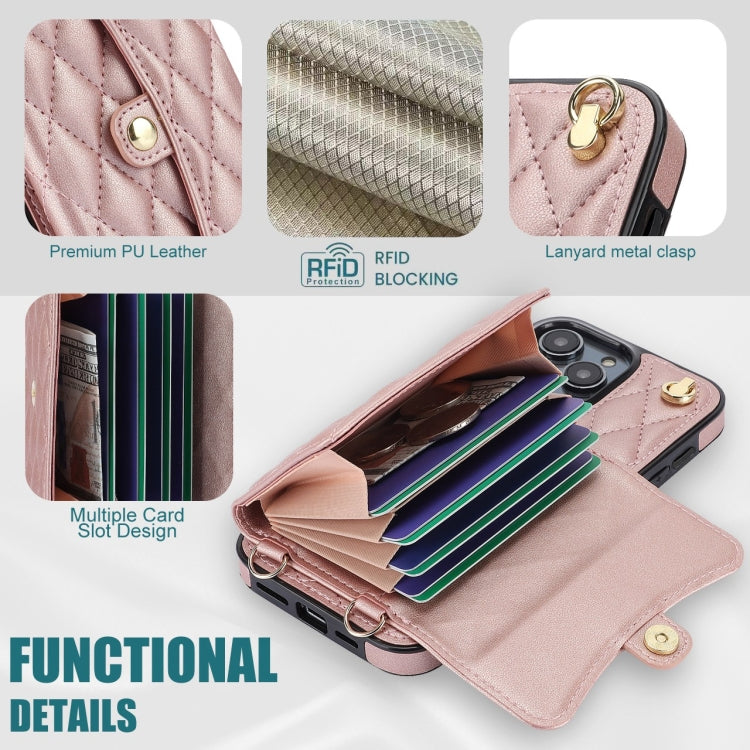 For iPhone 15 Pro Max Crossbody Rhombic Horizontal Wallet Leather Phone Case(Rose Gold) - HoMEdemic™ 